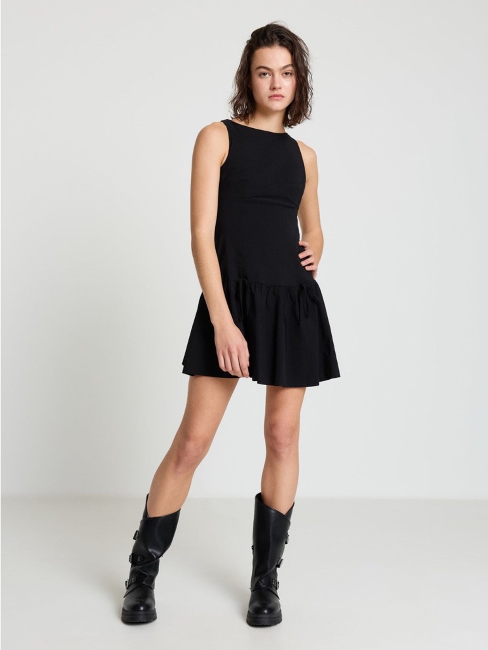 See You Monday Black Sleeveless Ruffle-Hem Mini Dress